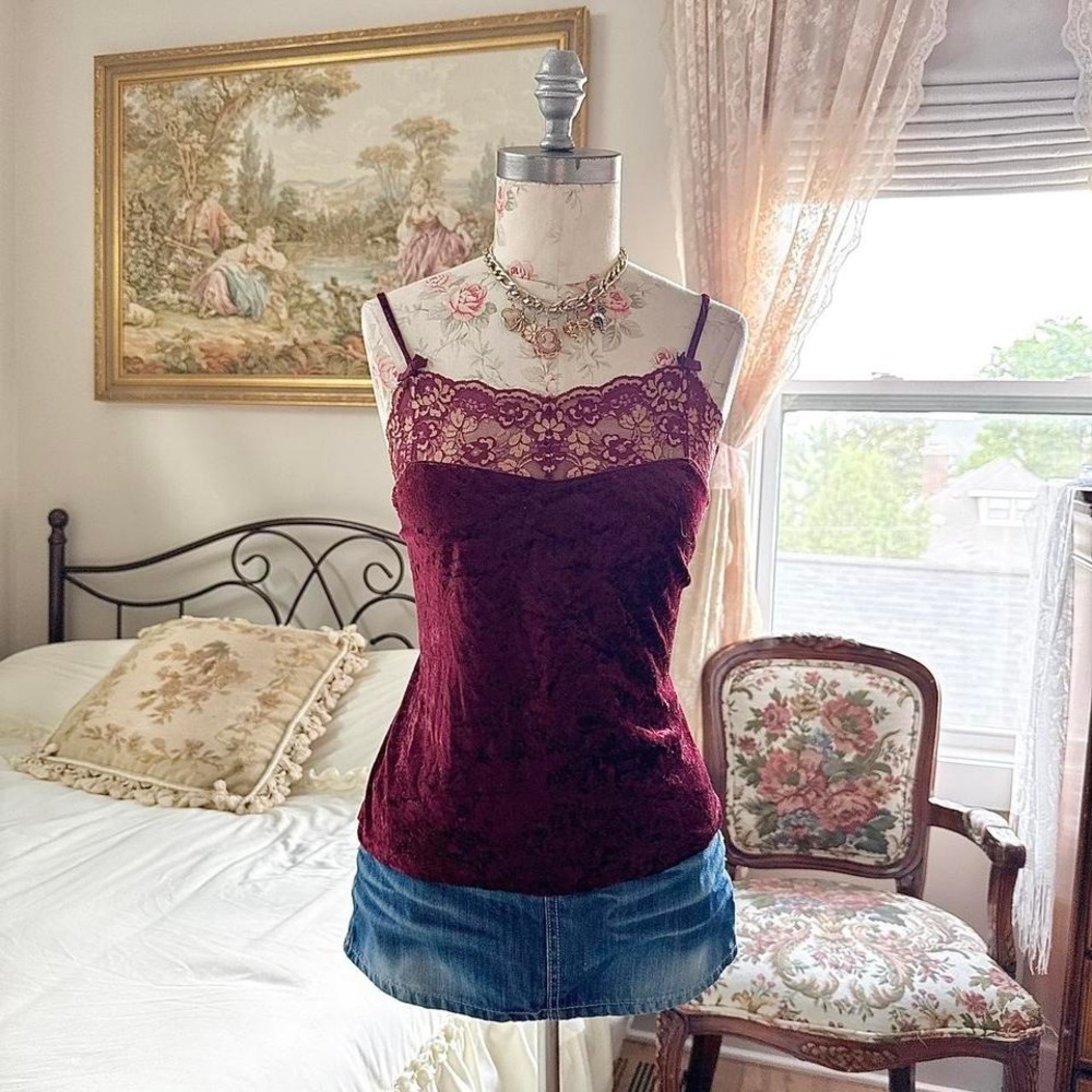 Velvet lace cami‎  Y2K burgundy velvet cami Avon size large